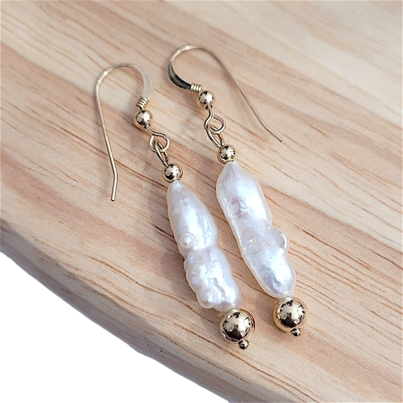 Hand Crafted Jewelry - Hand Crafted Biwa Pearl Earrings Stick Goldfilled